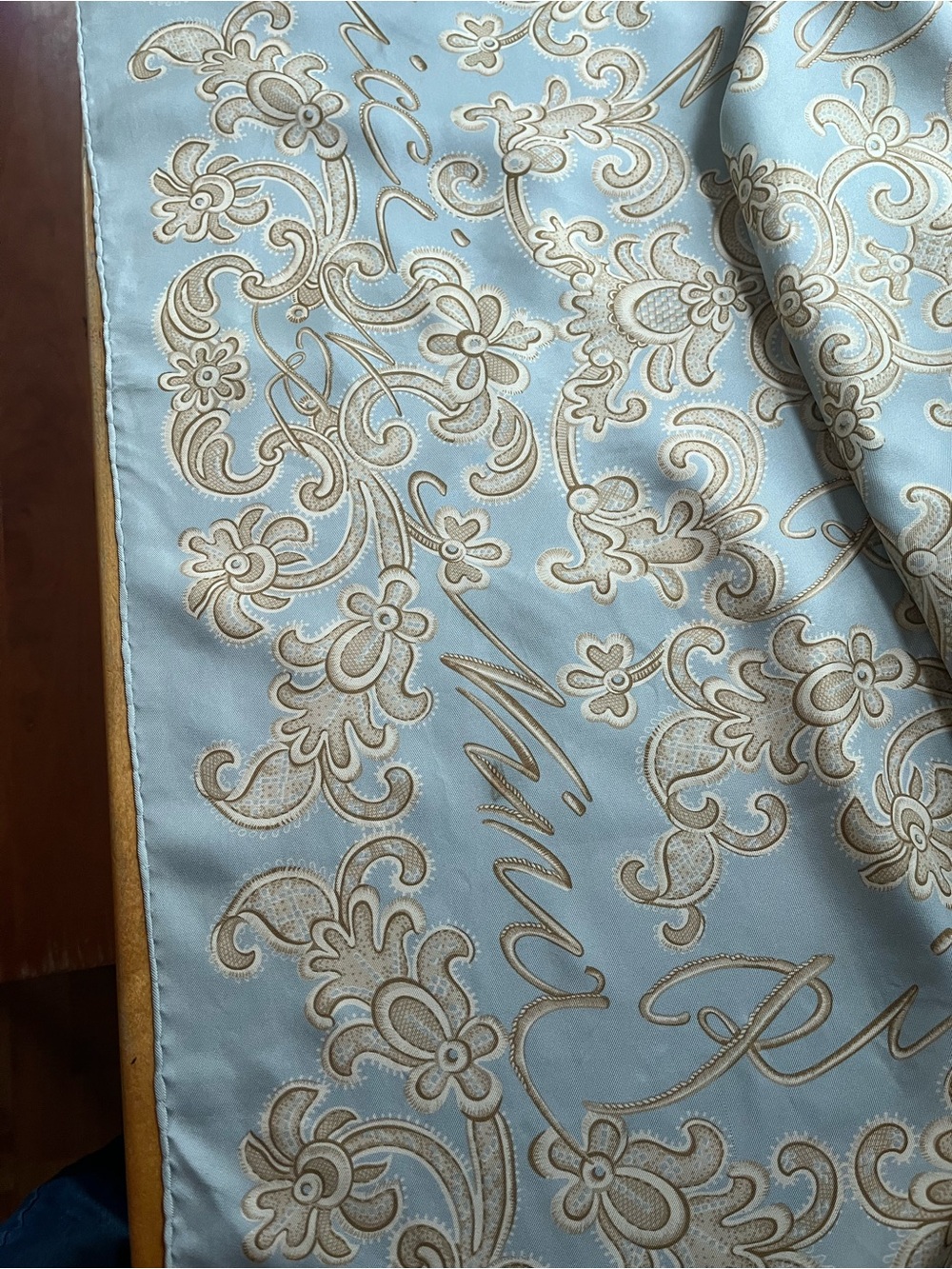 Nina Ricci light Blue silk Scarf with Gold Floral Scroll Print
